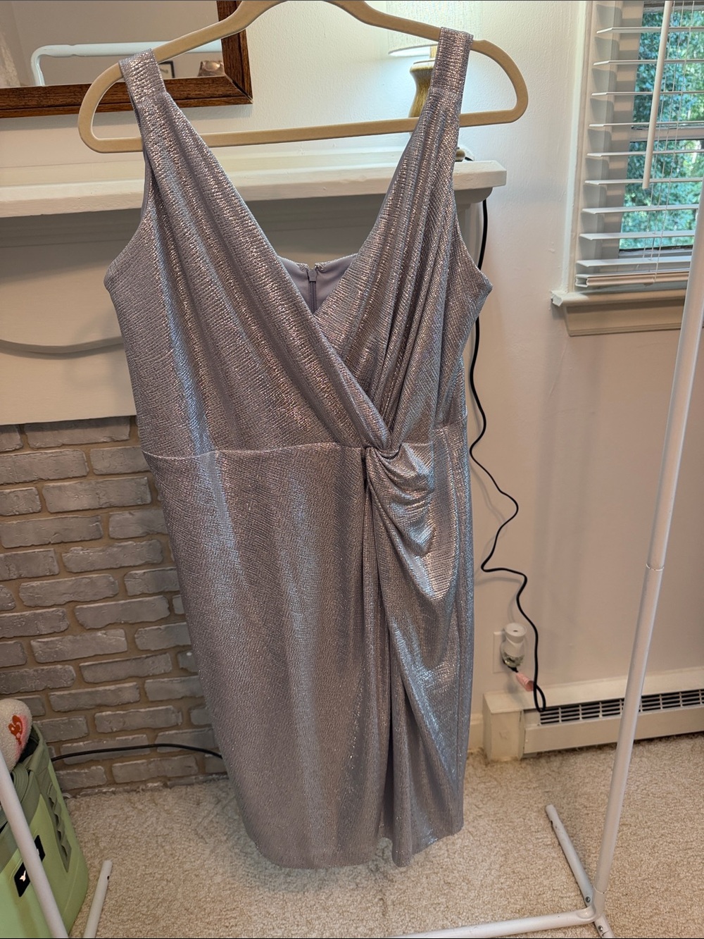 Eliza J Silver Metallic Draped V-Neck Midi cocktail dress  22w